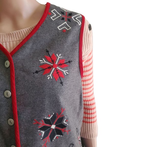 Vintage Talbots Sz S Wool Blend Vest Snowflake Holiday Gray Red Embroidered Y2K - Picture 2 of 10